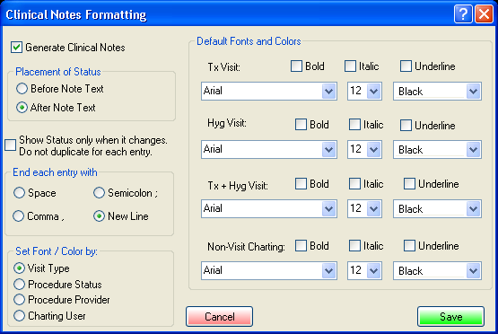 Clinical Notes Formatting screen